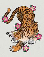 tatuagem de flor de cereja de tigre japão vetor