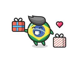 desenho animado do mascote do emblema da bandeira do brasil dando o presente vetor