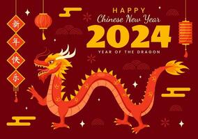 feliz chinês Novo ano 2024 vetor ilustração. tradução ano do a Dragão. com flor, lanterna, dragões e China elementos em fundo