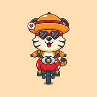 legal tigre com oculos de sol equitação uma motocicleta dentro verão dia. fofa verão desenho animado ilustração. vetor