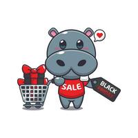 fofa hipopótamo com compras carrinho e desconto cupom Preto Sexta-feira venda desenho animado vetor ilustração