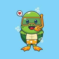 fofa tartaruga mergulho desenho animado mascote personagem ilustração. fofa verão desenho animado ilustração. vetor