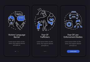 Tela escura da página do aplicativo móvel para vítimas de tráfico humano vetor
