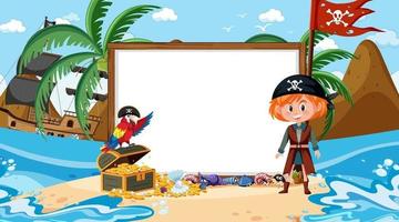 modelo de banner vazio com garota pirata na cena diurna da praia vetor