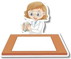 personagem de desenho animado de garota cientista com mesa em branco vetor