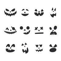 dia das Bruxas jack o lanterna emoções conjunto isolado em branco. abóbora esculpido facial expressões coleção. tradicional feriado personagens. abóbora fofa emoji silhuetas mão desenhado plano vetor ilustração