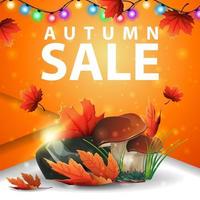 venda de outono, banner quadrado roxo com cogumelos e folhas de outono vetor
