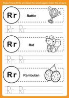 exercício de alfabeto com vocabulário de desenho animado para livro de colorir vetor