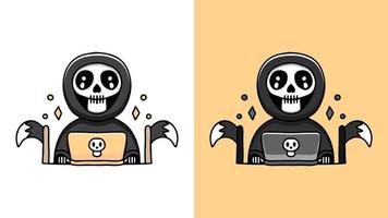 Grim reaper jogando um desenho animado de laptop. ilustração para adesivo vetor