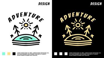 Hipster aventura logotipo montanha, árvore e sol. vetor