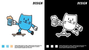 gato retrô andar de skate, ilustração para camiseta vetor