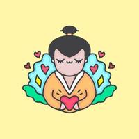gueixa kawaii com símbolo de amor. ilustração dos desenhos animados. vetor