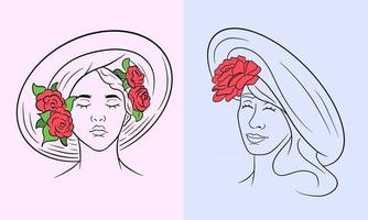 garota em uma abstração de chapéu. menina com rosas em um cocar. estilo de linha. vetor