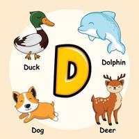 animais, letra d, do alfabeto, para, pato, golfinho, cão, cervo vetor