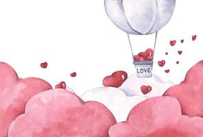 balão de ar quente com coração flutuar no céu. ilustração em aquarela. vetor
