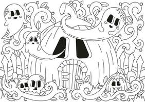 dia das Bruxas acolhedor coloração página para crianças e adultos com abóbora forma casa e fantasmas vôo por aí vetor