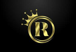 Inglês alfabeto r com uma coroa. real, rei, rainha luxo símbolo. Fonte emblema. vetor ilustração