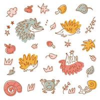 coleção de vetores multicoloridos de ouriços e elementos de outono