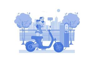 mulher carrega a bicicleta elétrica no centro de veículos eletrônicos vetor