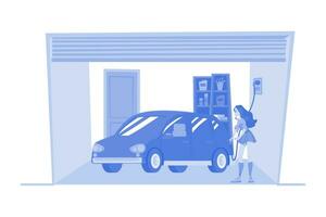 mulher carregando um carro elétrico em casa vetor