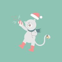 alegre Natal e feliz Novo ano com fofa gato segurando festa popper, fogo de artifício e confete dentro a inverno estação verde fundo, plano vetor ilustração desenho animado personagem traje Projeto