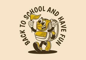 costas para escola e ter Diversão. mascote personagem ilustração do caminhando escola saco segurando uma bandeira vetor