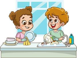 feliz fofa pequeno Garoto e menina lavando prato juntos.feliz pequeno crianças fazendo tarefas domésticas e limpeza juntos vetor