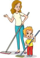 varrer a chão. mãe e filho com vassoura. família tempo, limpeza casa vetor ilustração