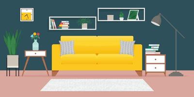 aconchegante sala de estar com sofá. ilustração vetorial, interior vetor