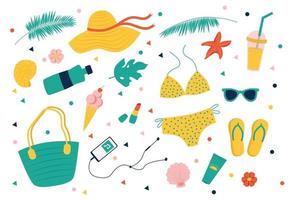 conjunto de verão maiô, chinelos, bolsa, garrafa de água, óculos de sol vetor