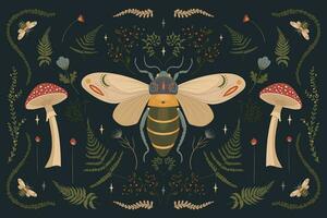 floresta poster, mosca agaric, besouro, samambaia, em uma Sombrio fundo. vetor