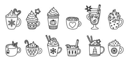 outono e inverno quente bebidas coloração doodle. acolhedor copo com café, abóbora especiaria café com leite, quente chocolate com marshmallow, cacau com açoitado creme, hortelã chá, ponderado vinho, canela baunilha café com leite vetor