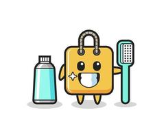 ilustração de mascote de sacola de compras com uma escova de dentes vetor