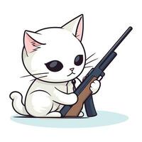 fofa branco gato com uma rifle. vetor ilustração em branco fundo.