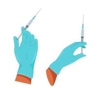 mão em luvas médicas segurando um conjunto de seringa, ilustração vetorial vetor