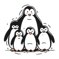 pinguim família. Preto e branco vetor ilustração em branco fundo.