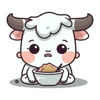 fofa vaca comendo uma tigela do arroz personagem desenho animado vetor ilustração.