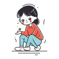 pequeno menina jogando mesa tênis. vetor ilustração dentro linha arte estilo.