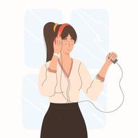 mulher usando fones de ouvido ouvindo música vetor