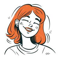 vetor ilustração do uma sorridente jovem mulher com vermelho cabelo e fechadas olhos.