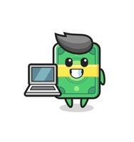 ilustração mascote de dinheiro com um laptop vetor