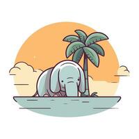 vetor ilustração do uma fofa elefante em a de praia com Palma árvore.