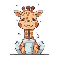 fofa desenho animado girafa com uma copo do café. vetor ilustração.
