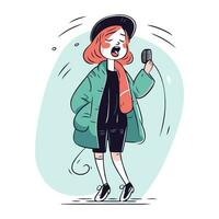 vetor ilustração do uma menina cantando para dentro uma microfone dentro a chuva.