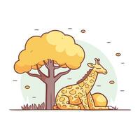 girafa sentado debaixo uma árvore. vetor ilustração dentro desenho animado estilo.