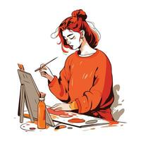 lindo jovem mulher pintor desenhando uma cenário com tintas. vetor ilustração