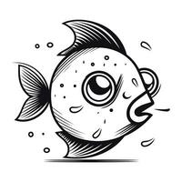 Preto e branco vetor ilustração do uma fofa desenho animado peixe com grande olhos.