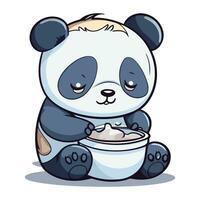 fofa desenho animado panda Urso comendo a partir de uma tigela. vetor ilustração.