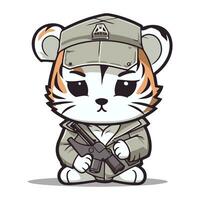 fofa vermelho panda exército animal desenho animado mascote personagem com arma de fogo vetor