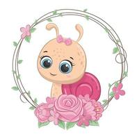 caracol bebê fofo com coroa de flores. ilustração vetorial. vetor